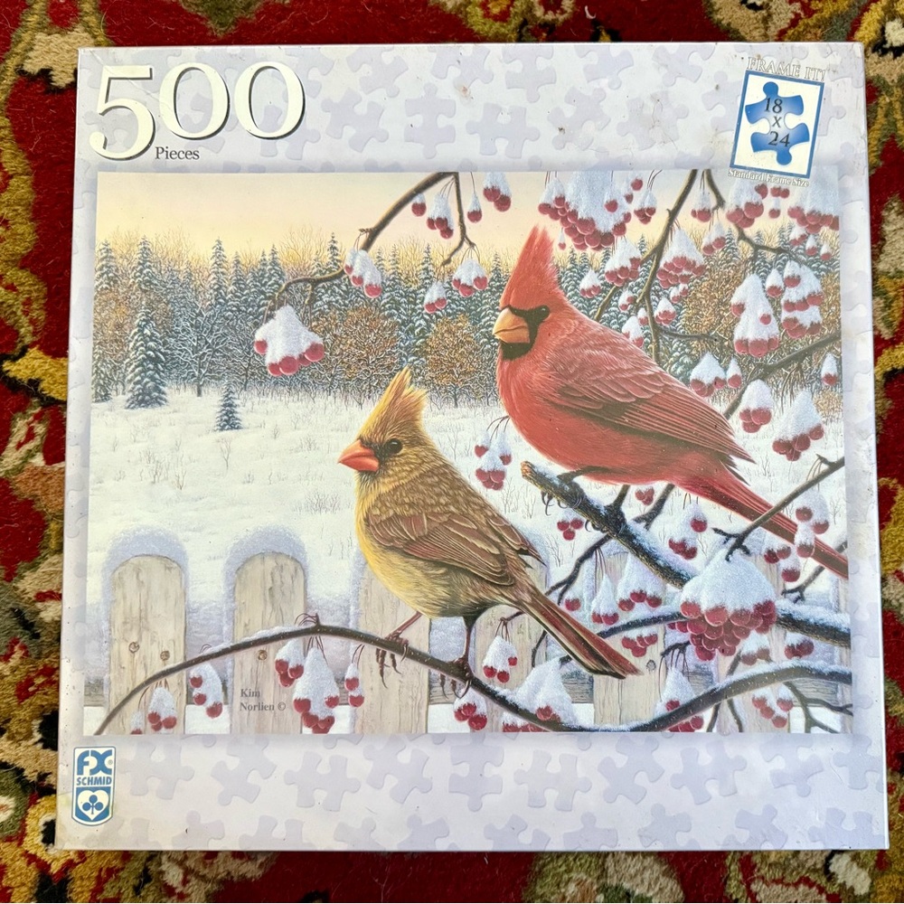 NIB FX Schmid - Cardinals in Winter - 2003 Kim Norlien 500 Piece Jigsaw Puzzle